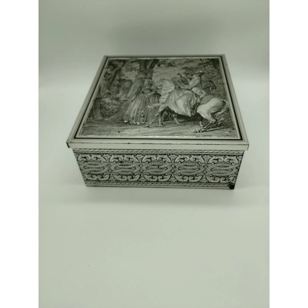 Vintage Biscuit Tin Box Embossed Colonial Equestrian Forest Theme Silver Toned